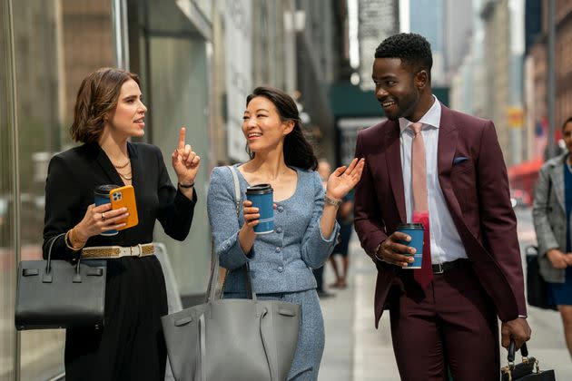 Alexandra Turshen as Rachel Friedman, Arden Cho as Ingrid Yun, Bradley Gibson as Tyler Robinson in Netflix's 