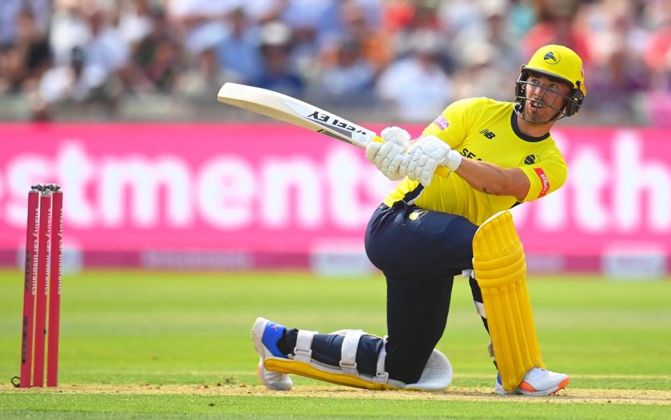 Joe Weatherley of Hampshire plays a shot during the Vitality T20 Blast Semi Final match between Hampshire Hawks and Somerset  - Harry Trump/Getty Images