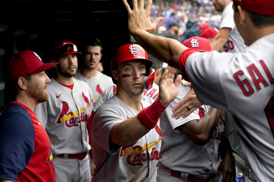 St. Louis Cardinals' Andrew Knizner celebrates in the dugout after scoring on Paul Goldschmidt's single off Chicago Cubs starting pitcher Marcus Stroman during the fourth inning of a baseball game Thursday, Aug. 25, 2022, in Chicago. (AP Photo/Charles Rex Arbogast)