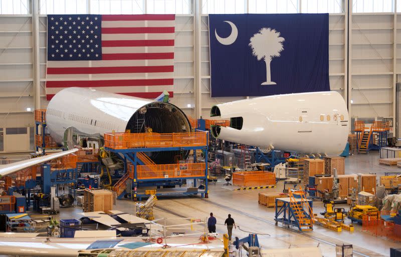 FILE PHOTO: Sections of a 787 Dreamliner being built for Air India are seen at Boeing's final assembly building in North Charleston
