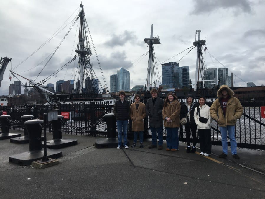 The Maverick HMUN Team at the USS Constitution, from left to right: Shane Arthur, Thomas Sibold, Gavin French, Katherine Viars, Rileigh Jackson, Hannah Jewell, and Bryceson Whitt <br>Photo Credit: Scott Womack