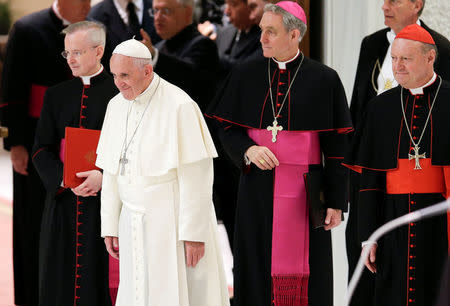 Pope Francis arrives to deliver his speech during a meeting in Paul VI hall at the Vatican April 29, 2016. REUTERS/Max Rossi