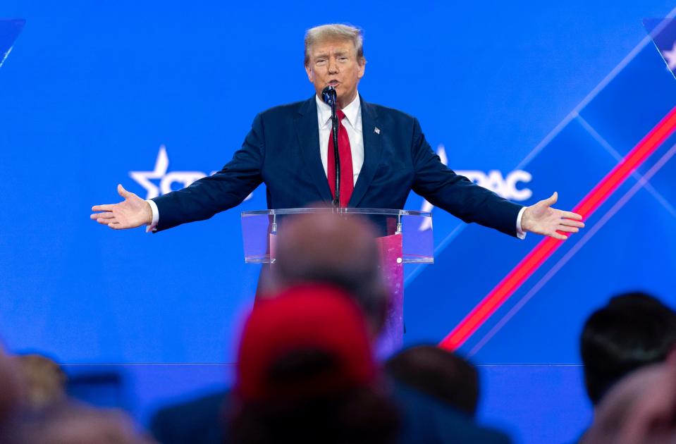 Republican presidential candidate former President Donald Trump speaks during the Conservative Political Action Conference, CPAC 2024, at the National Harbor, in Oxon Hill, Md., Saturday, Feb. 24, 2024. (AP Photo/Jose Luis Magana)