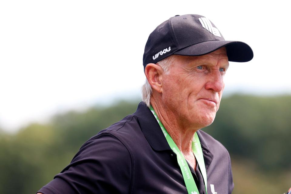 LIV CEO and commissioner Greg Norman watches play on the second hole during the final round of the LIV Golf Invitational Series Chicago at Rich Harvest Farms in Sugar Grove, Illinois.