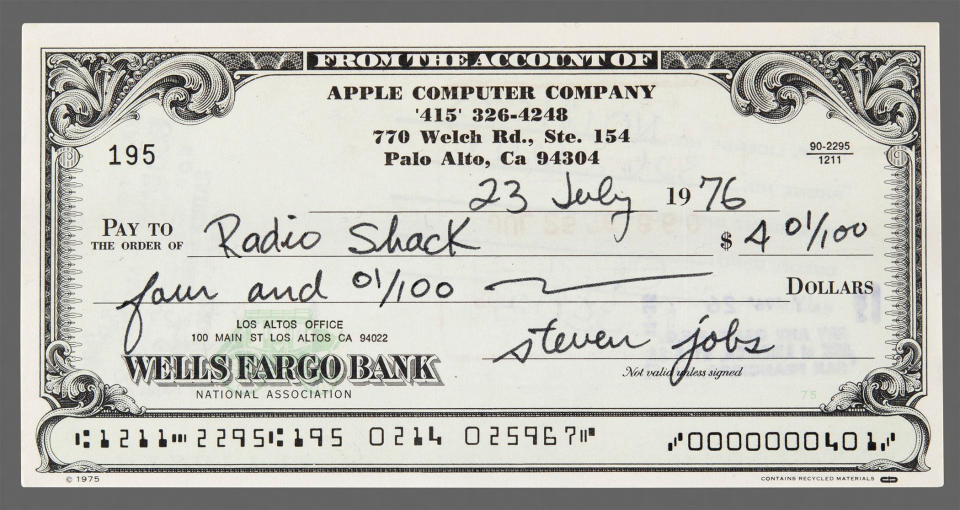 This photo provided by RR Auction shows a check signed by Steve Jobs to Radio Shack in 1976. The check has been auctioned off for $46,063. (RR Auction via AP)
