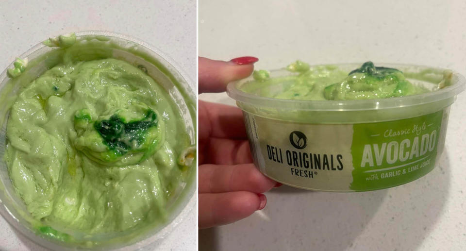 Aldi Deli Originals avocado dip food with what appears to be unmixed food colouring. 