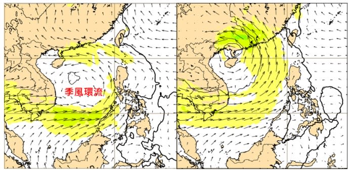 5日20時歐洲模式(ECMWF)850百帕風場模擬圖顯示，下週日20時「季風環流」(monsoon gyre)在南海逐漸成形(左圖)；下週三20時「熱帶擾動」已在雷州半島附近(右圖)。   圖/「三立準氣象．老大洩天機」專欄