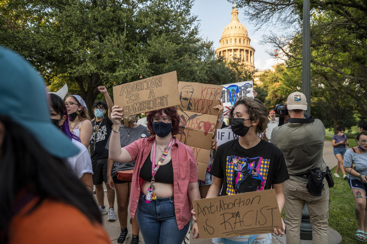 Abortion rights protesters march outside the Texas State Capitol in Austin on Sept. 1. Texas passed S.B. 8, which bans nearly all abortions and it went into effect Sept. 1.