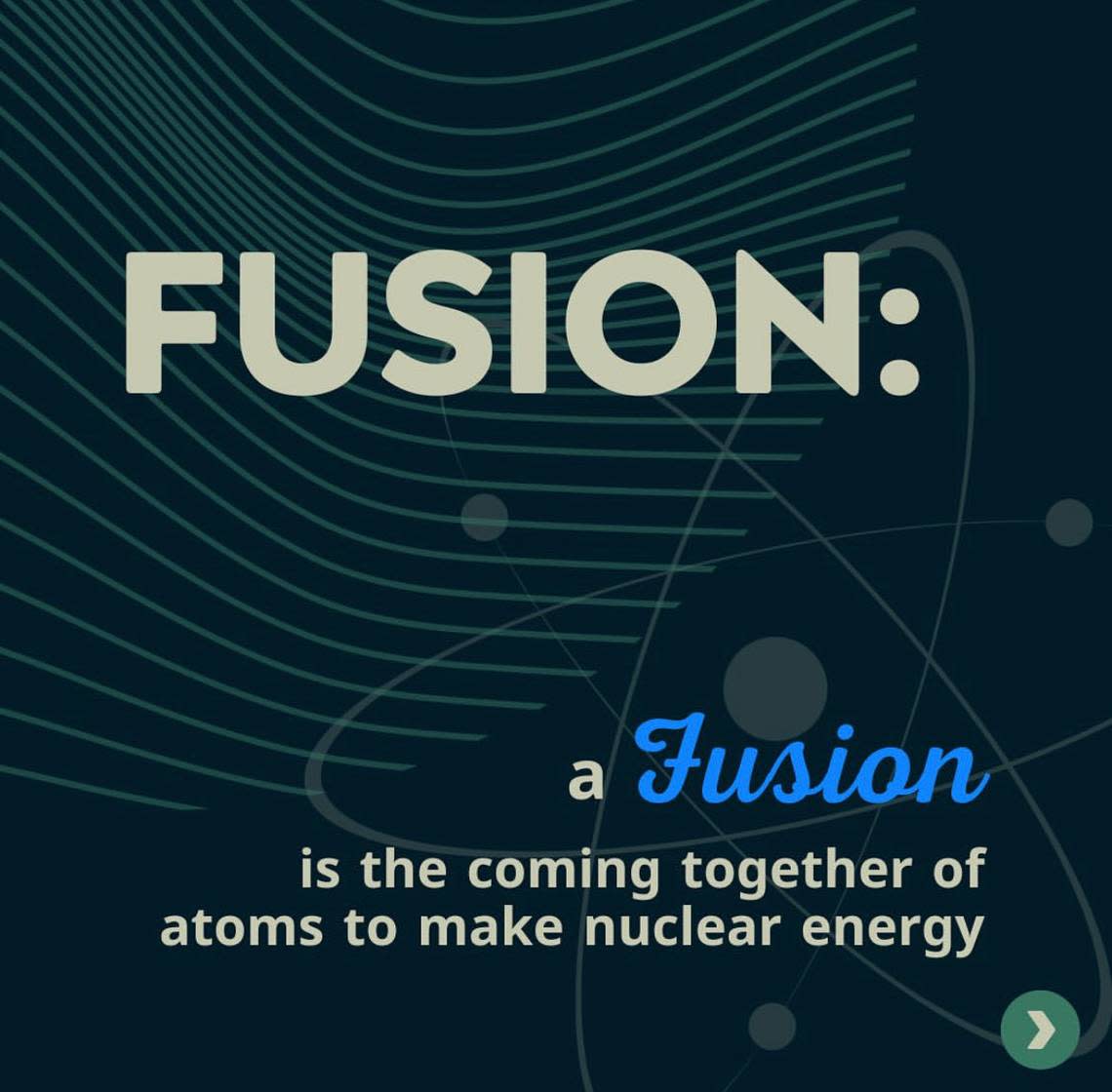 A fusion is the coming together of atoms to make nuclear energy, says Tri Town Get Down. 