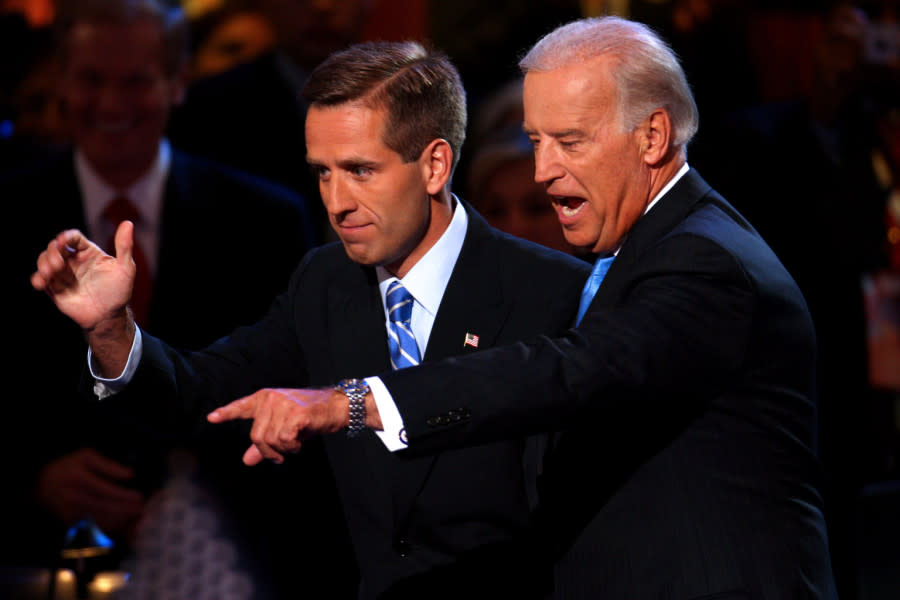 UNITED STATES - AUGUST 27: Joe Biden, right, a Democratic senator from Delaware and vice presidential running mate of presidential candidate Senator Barack Obama of Illinois, walks with his son Joseph 