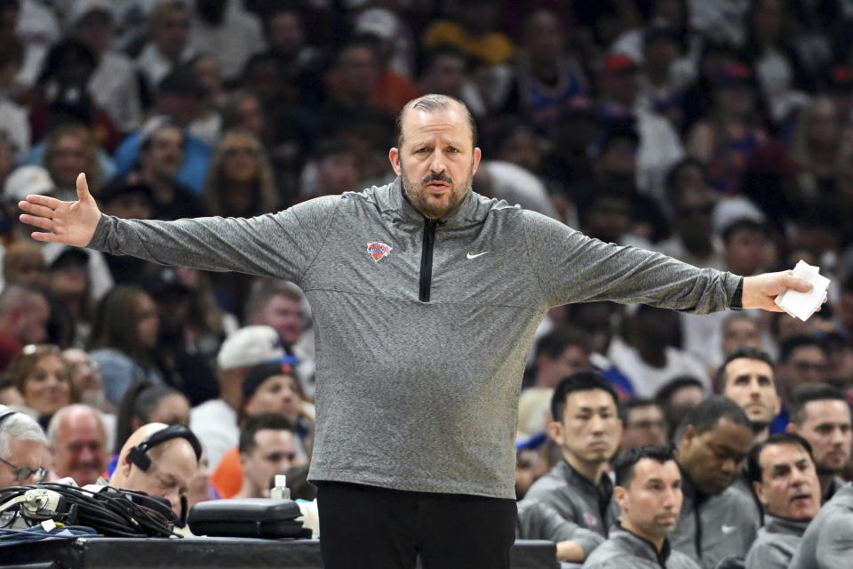 New York Knicks coach Tom Thibodeau yells to players during the first half against the Cleveland Cavaliers in Game 1 in a first-round NBA basketball playoffs series Saturday, April 15, 2023, in Cleveland. (AP Photo/Nick Cammett)