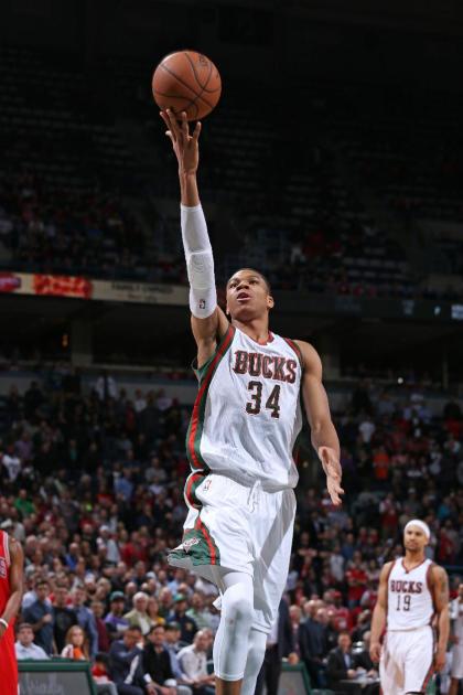 Milwaukee, WI - APRIL 1: Giannis Antetokounmpo #34 of the Milwaukee Bucks shoots the ball against the Chicago Bulls on April 1, 2015 at the BMO Harris Bradley Center in Milwaukee, Wisconsin. (Photo by Gary Dineen/NBAE via Getty Images)