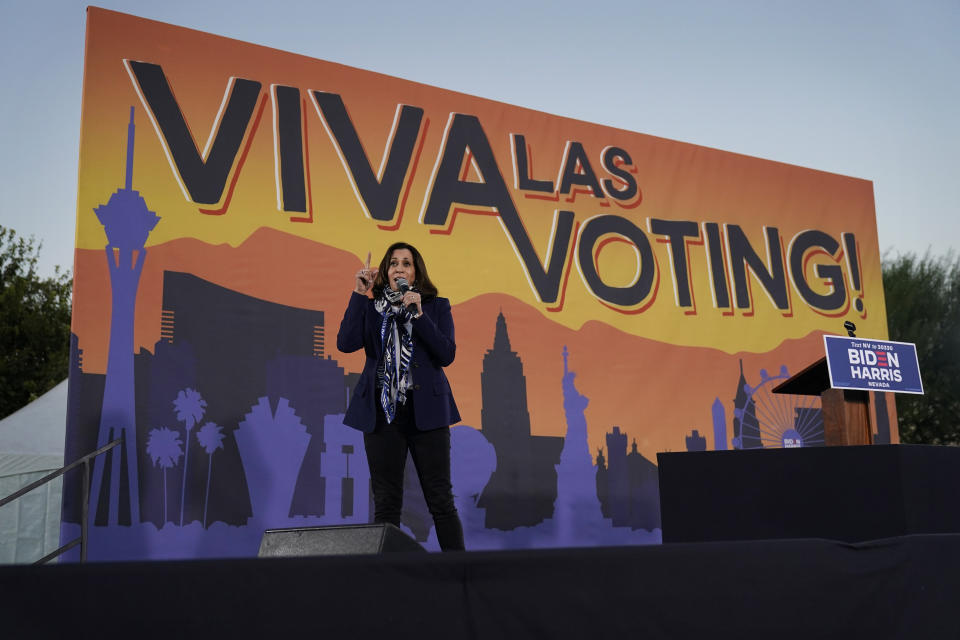 Democratic vice presidential candidate Sen. Kamala Harris, D-Calif., speaks at a campaign event Tuesday, Oct. 27, 2020, in Las Vegas. (AP Photo/John Locher)