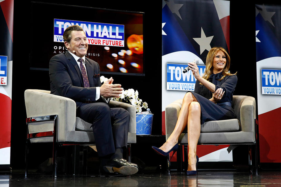 christian louboutin pumps, so kate, Melania Trump, Eric Bolling. First lady Melania Trump, right, participates in a town hall on the opioid epidemic with moderator Eric Bolling in Las Vegas, during a two-day, three-state swing to promote her Be Best campaignMelania Trump, Las Vegas, USA - 05 Mar 2019