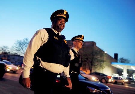 FILE PHOTO: Chicago Police Superintendent Eddie Johnson (L) and First Deputy Superintendent John Escalante arrive to speak to the media about patrolling a neighborhood while wearing body cameras in Chicago, Illinois, U.S. on May 6, 2016. REUTERS/Jim Young/File Photo