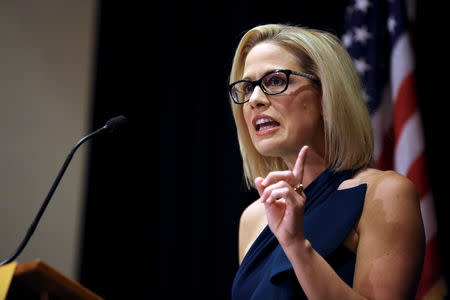Democratic candidate Kyrsten Sinema speaks to supporters after officially winning the U.S. Senate race at the Omni Montelucia resort in Scottsdale, Arizona, U.S., November 12, 2018. REUTERS/Caitlin O'Hara