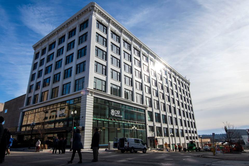 The exterior of the new OSF Healthcare Ministry Headquarters in Downtown Peoria after a ribbon cutting ceremony on Dec. 17, 2021.