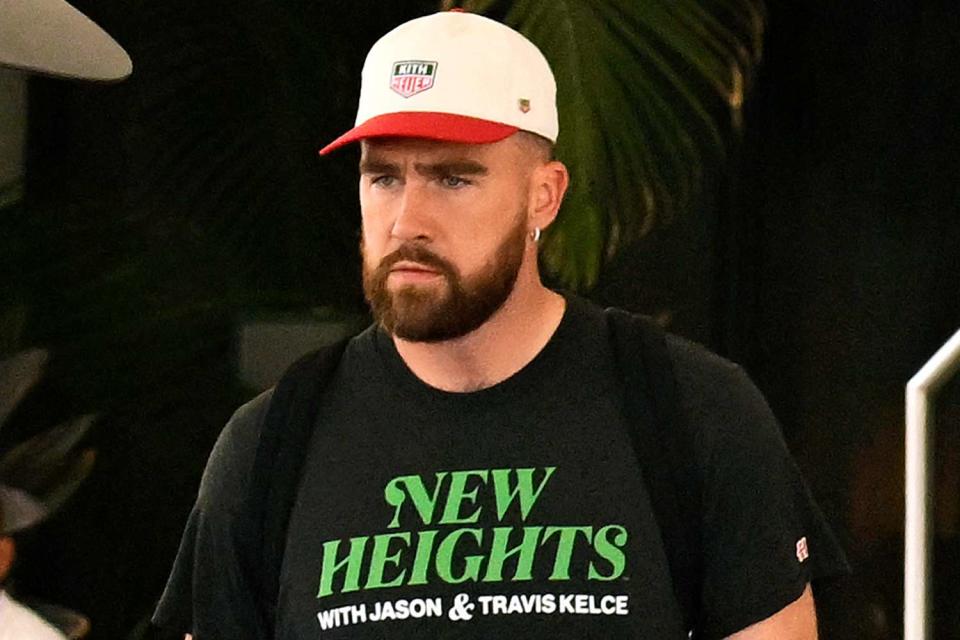 <p>Backgrid/MEGA</p> Travis Kelce is seen leaving his hotel and boarding a private jet on May 6, 2024, after attending Miami F1 Grand Prix in Miami, Florida