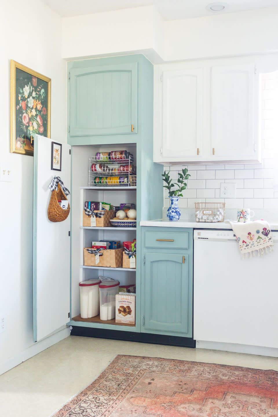 pantry organization ideas with blue cabinets