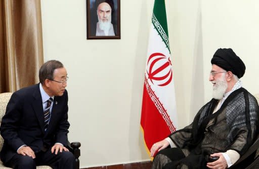 A handout picture released by the official website of Iran's Supreme Leader Ayatollah Ali Khamenei shows Khamenei (R) meeting with UN Secretary General Ban Ki-Moon (L) at his office in Tehran. Ban and Khamenei sparred in an unusually frank verbal duel on Wednesday over Tehran's disputed nuclear programme, betraying high tensions on the issue