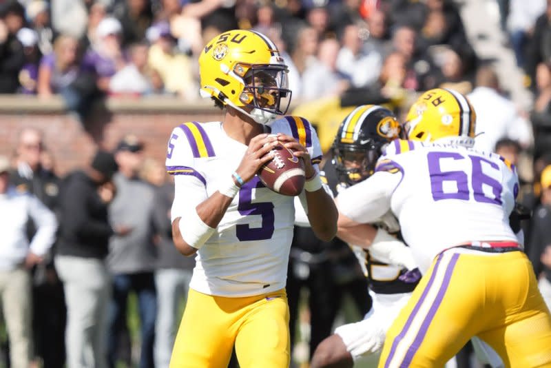 Former LSU quarterback Jayden Daniels could be a target for the Washington Commanders, who have the No. 2 overall pick in the 2024 NFL Draft. File Photo by Bill Greenblatt/UPI