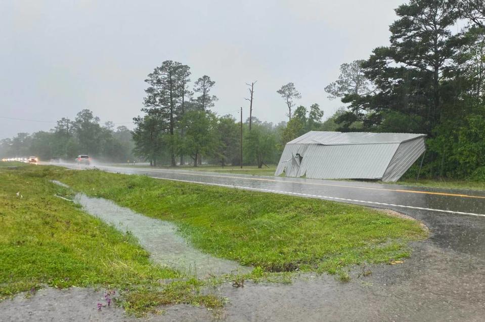 Debris from portable buildings at Gulf Coast Portable Buildings are strewn about near Highway 603 in Kiln after a possible tornado hit the area on Wednesday, April 10, 2024.