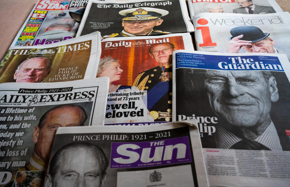 LONDON, ENGLAND - APRIL 10: A selection of the UK newspaper front pages paying tribute to Prince Philip, Duke Of Edinburgh who died at age 99 on April 10, 2021 in London, United Kingdom. The Queen announced the death of her beloved husband, His Royal Highness Prince Philip, Duke of Edinburgh. HRH passed away peacefully April 9th at Windsor Castle. (Photo by Samir Hussein/WireImage)