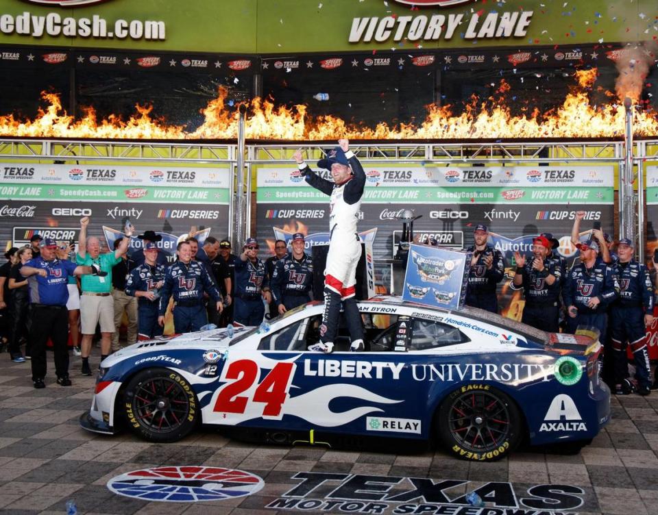 William Byron (24) exits his Chevrolet after winning the Autotrader Echopark Automotive 400 NASCAR Cup Series Playoff Race at Texas Motor Speedway in Fort Worth, Texas, Sunday, Sept. 24, 2023. William Byron (24) won the race for Hendrick Motorsports. (Special to the Star-Telegram Bob Booth)