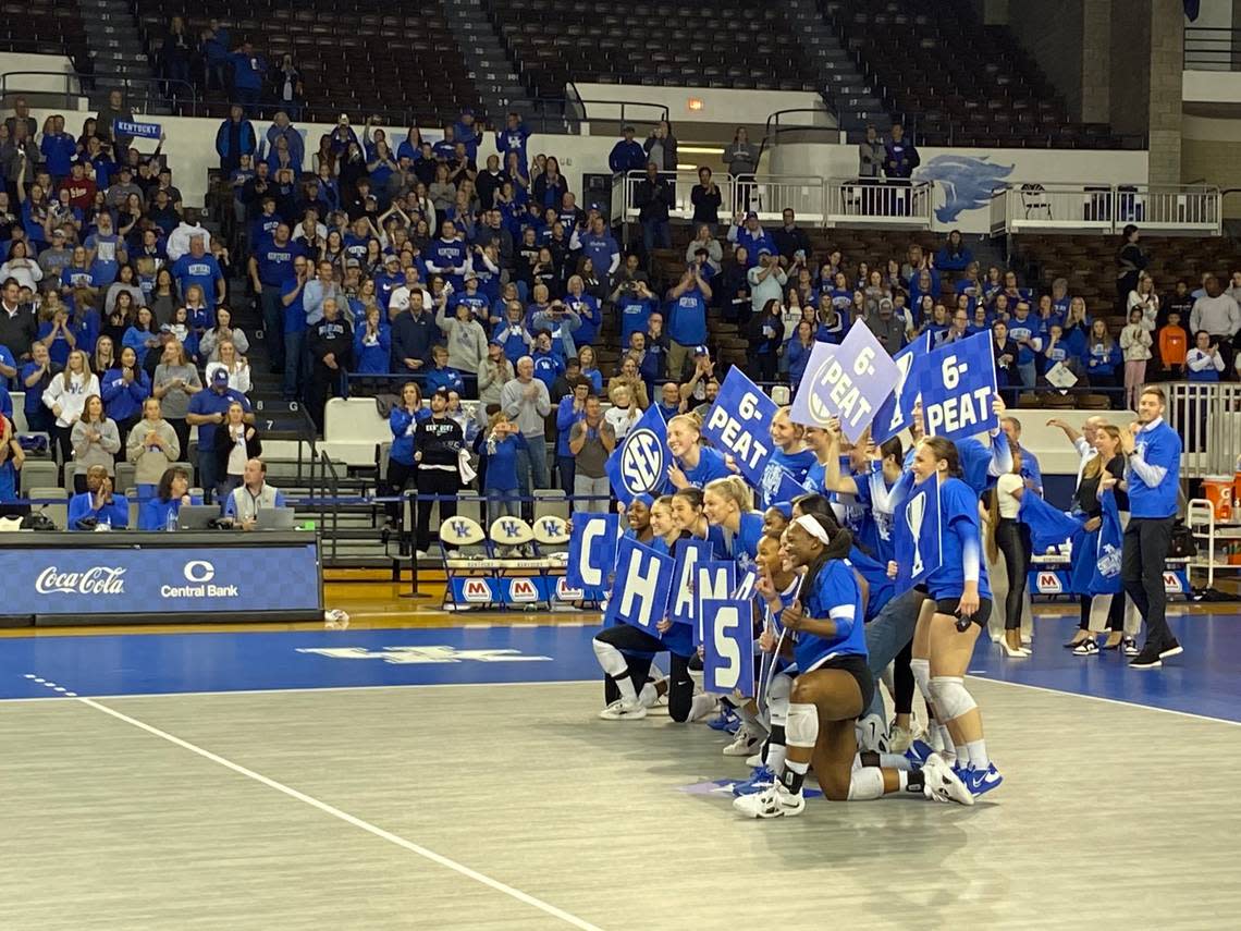 The Kentucky volleyball team celebrates its sixth straight SEC championship after its defeat of South Carolina on Saturday, Nov. 26, 2022, at Memorial Coliseum in Lexington, Kentucky.