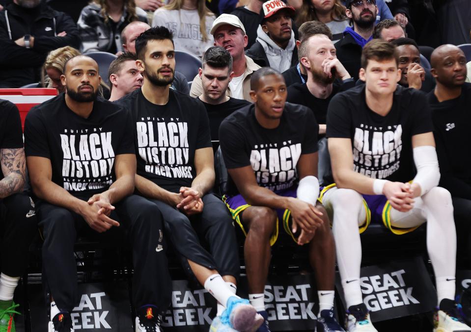 Utah Jazz players wear Black History Month T-shirts in Salt Lake City on Thursday, Feb. 22, 2024. The Hornets won 115-107. | Jeffrey D. Allred, Deseret News