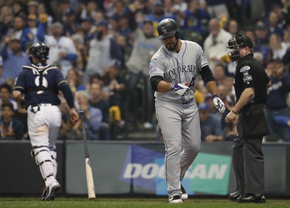 Colorado Rockies' Antonio Senzatela reacts after striking out during the third inning of Game 1 of the National League Divisional Series baseball game against the Milwaukee Brewers Thursday, Oct. 4, 2018, in Milwaukee. (AP Photo/Jeff Roberson)