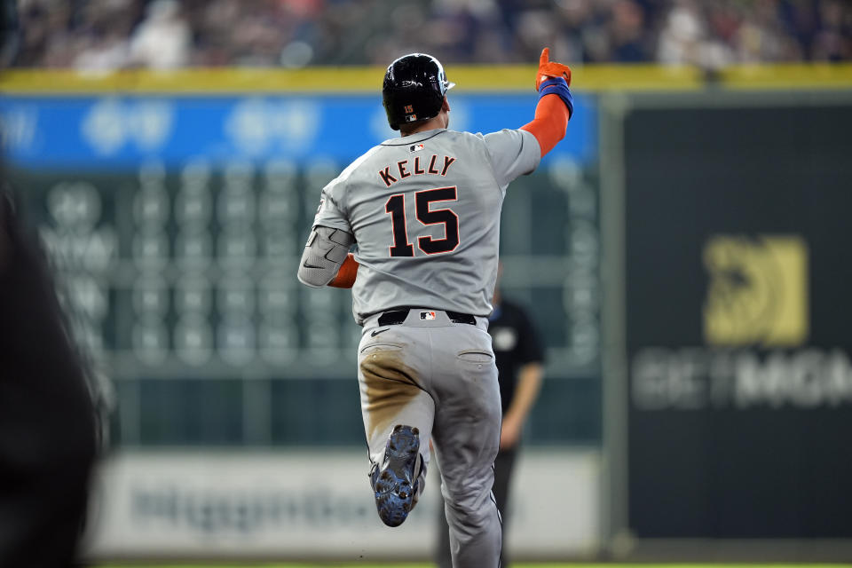 Detroit Tigers' Carson Kelly (15) celebrates after hitting a home run against the Houston Astros during the sixth inning of a baseball game Saturday, June 15, 2024, in Houston. (AP Photo/David J. Phillip)