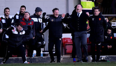 Soccer Football - FA Cup Third Round - Newport County AFC vs Leeds United - Rodney Parade, Newport, Britain - January 7, 2018 Newport County manager Mike Flynn celebrates REUTERS/Rebecca Naden