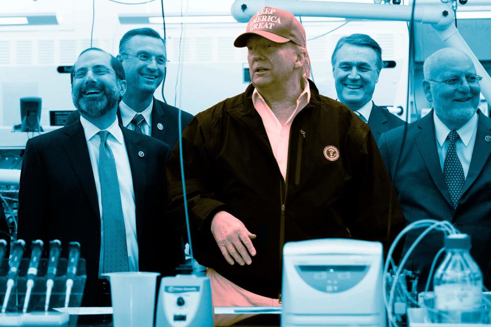 MARCH 6: President Donald Trump took a tour of the Centers for Disease Control and Prevention (CDC) with Rep. Doug Collins, far left, and Health and Human Services Secretary Alex Azar in Atlanta.