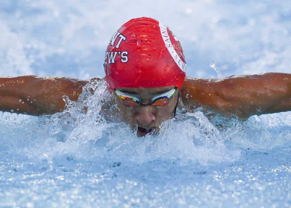 St. Andrew's Aitor Arrese-Igor competes in Heat 1 of the boys 200 Yard Individual Medley during the 1A FHSAA State Swimming and Diving Championship Saturday, Nov. 6, 2021, at Sailfish Splash Waterpark in Stuart.