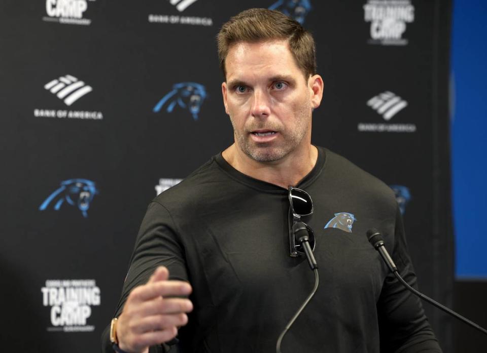 Carolina Panthers general manager Dan Morgan responds to a question during a press conference on Tuesday, July 23, 2024 at Bank of America Stadium in Charlotte, NC. The team is hosting training camp in Charlotte, NC this year after leaving Spartanburg, SC.