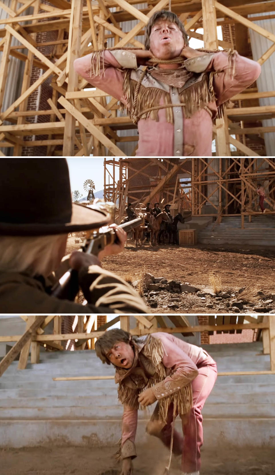 Marty McFly in a western outfit being hung and then falling to the ground