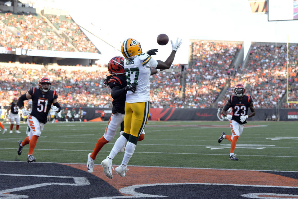 Green Bay Packers wide receiver Romeo Doubs (87) makes a touchdown catch against the Cincinnati Bengals during the first half of a preseason NFL football game Friday, Aug. 11, 2023, in Cincinnati. (AP Photo/Jeff Dean)