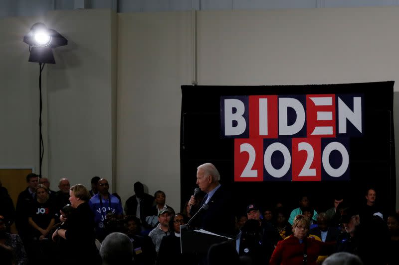 Democratic U.S. presidential candidate and former U.S. Vice President Joe Biden speaks during a campaign event in Sumter