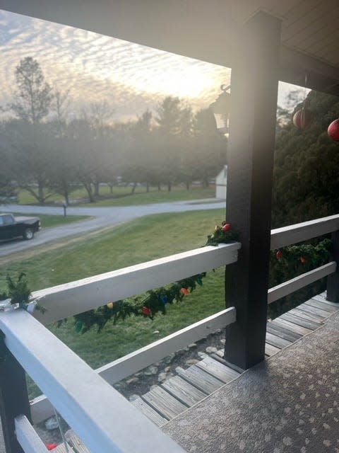 According to some news accounts, Lydia Bear stood in a second-floor window of the family’s Green Ridge home where she sounded a horn, a signal for help from neighbors. She likely was concerned that the Union courier was a Confederate raider. This is a picture from the balcony on the second level of the home, now occupied by the Kerr family.