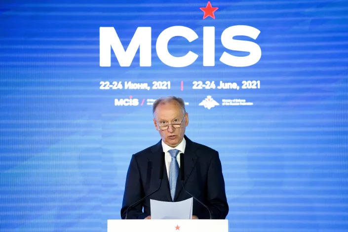 Russian Security Council Secretary Nikolai Patrushev delivers a speech at the 2021 Moscow Conference on International Security. 
