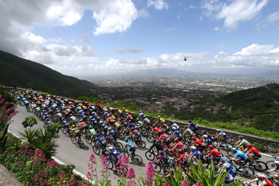 NAPLES ITALY  MAY 11 A general view of the peloton climbing to the Valico di Chiunz 656m during the 106th Giro dItalia 2023 Stage 6 a 162km stage from Naples to Naples  UCIWT  on May 11 2023 in Naples Italy Photo by Tim de WaeleGetty Images