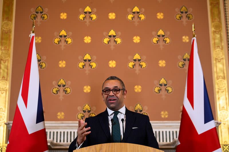 British Foreign Secretary James Cleverly speaks to members of the press in London