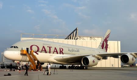 An Airbus A380 is pictured during the delivery ceremony for Qatar Airways first 10 Airbus A380s at Airbus headquarters in Hamburg-Finkenwerder, September 16, 2014. REUTERS/Fabian Bimmer