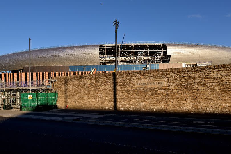 LIVERPOOL, ENGLAND - JUNE 21: A General View of the new Everton Stadium at Bramley-Moore Dock at sunrise on Jun 21, 2024 in Liverpool, England. (Photo by Tony McArdle/Everton FC via Getty Images)