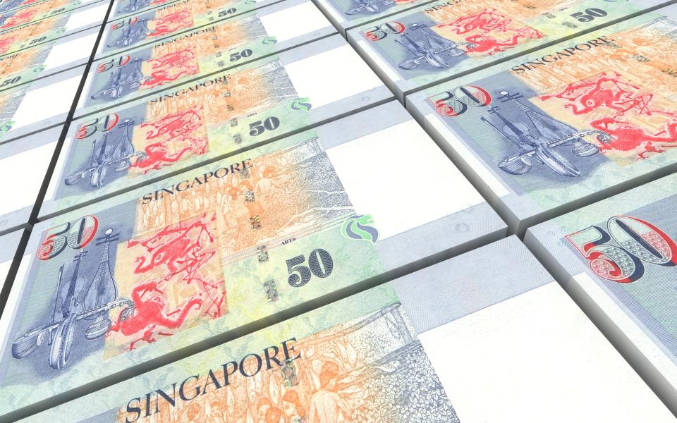 Background of stacks of Singapore dollar banknotes.  3D illustration.