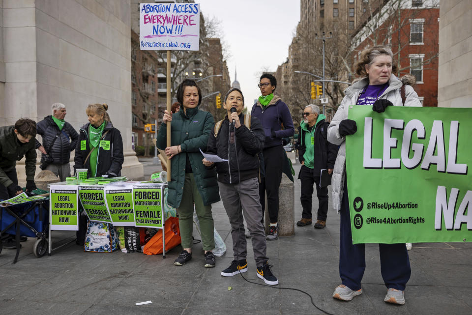 Abortion rights activist protest in New York on April 8, 2023, after a federal judge in Texas issued a preliminary ruling invalidating the abortion pill mifepristone.  (Michael Nigro / Sipa USA via AP)
