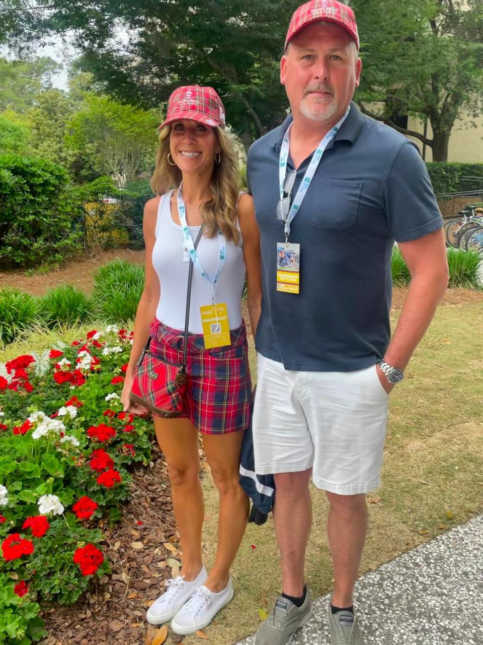 Victoria and John Macdonald pose for a photo outside of the the RBC Heritage golf tournament Thursday morning on April 13, 2023.