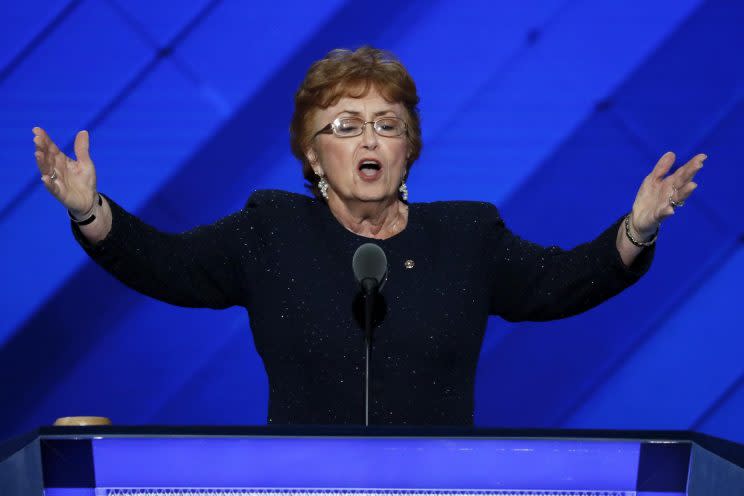 Sharon Belkofer, mother of Lt. Col. Thomas Belkofer who was killed by a suicide car bombing in Kabul, Afghanistan, speaks on the third day of the Democratic National Convention. (Photo: J. Scott Applewhite/AP)