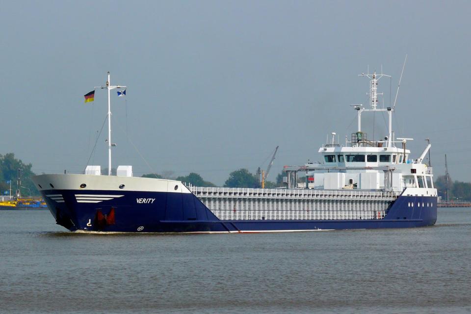 The freighter “Verity” collided with a larger ship in the North Sea (Dietmar Hasenpusch/dpa via AP)